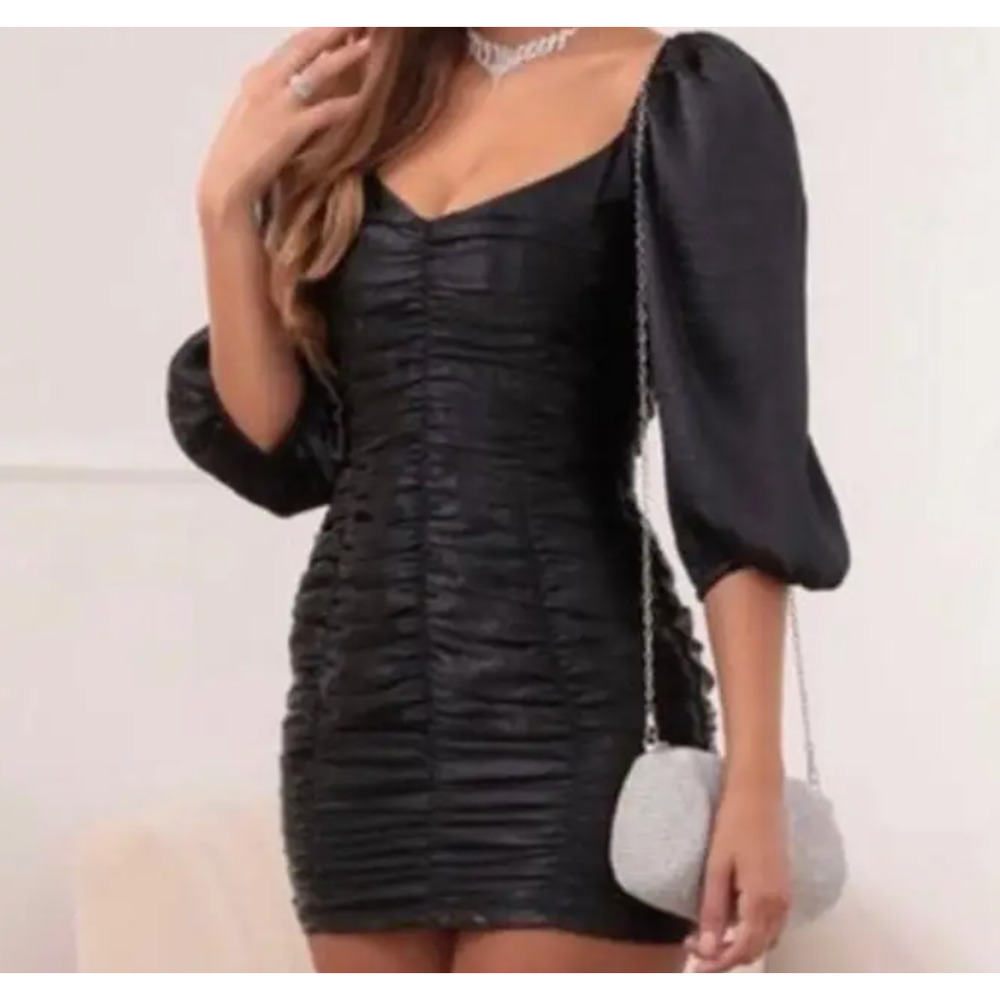 Lucy in the Sky Black Shiny Long Sleeve Ruched Mini Dress Size Small
